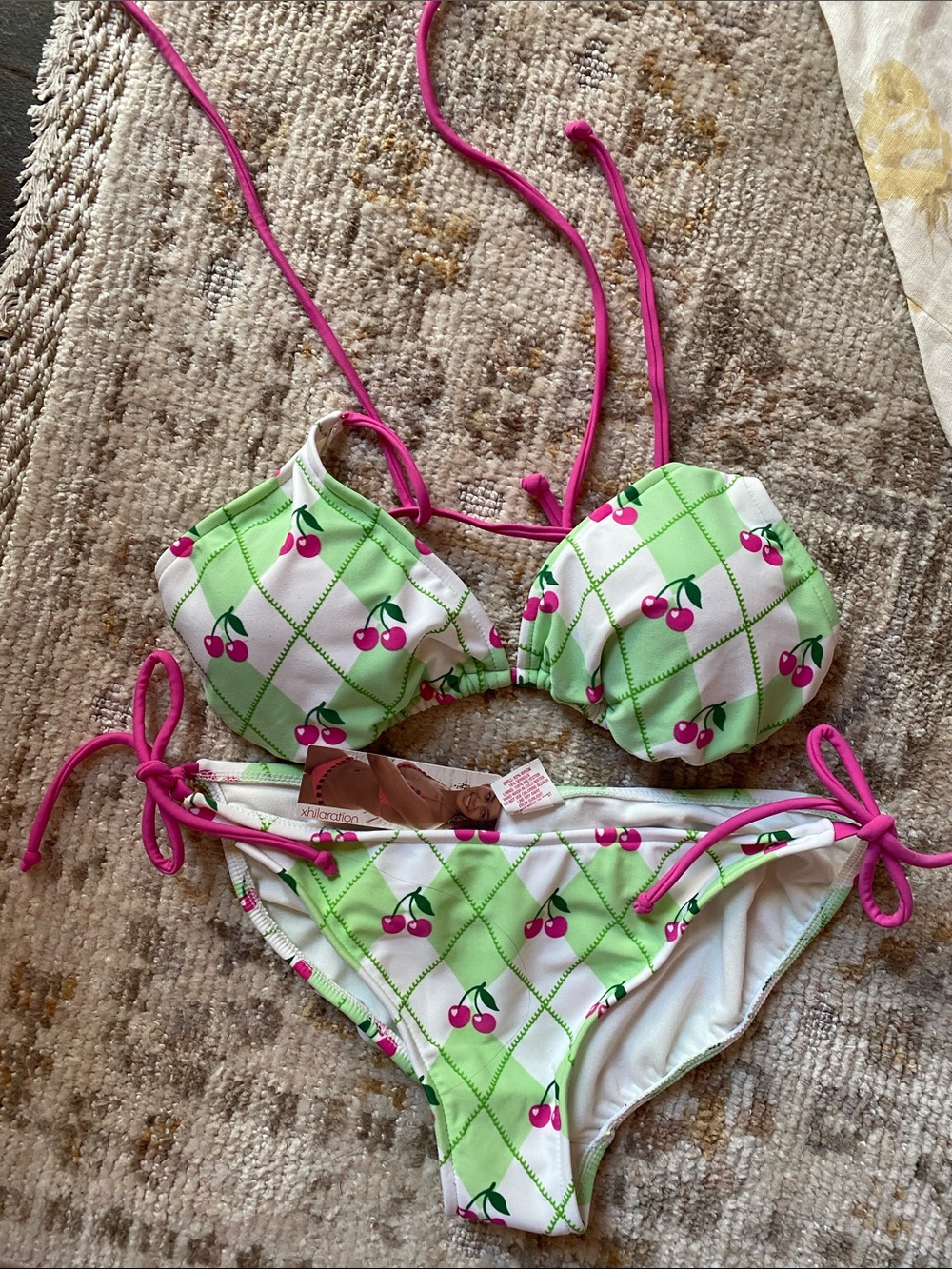 Women’s Cherry-Print Tie Bikini — Pink & Green